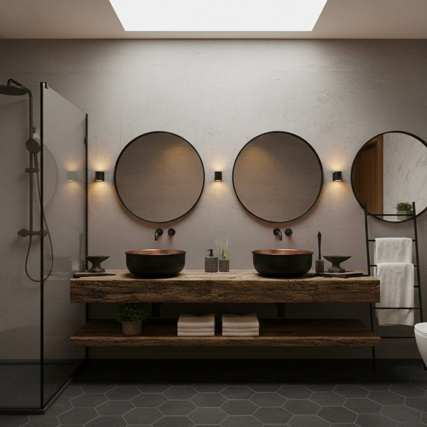 Two-tone hammered copper washbasin for high-end interior design projects.