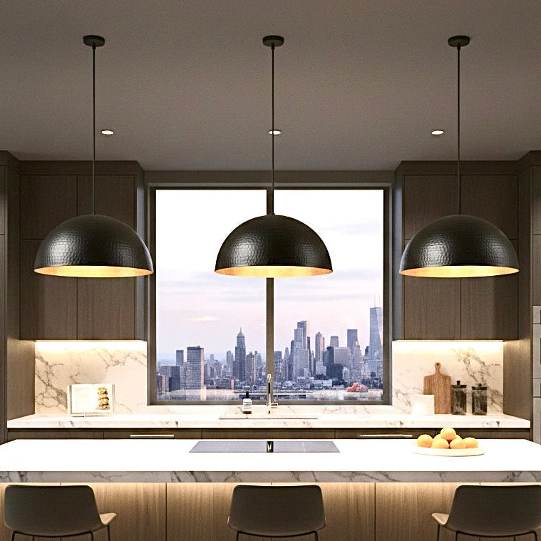 Contemporary black and gold ceiling light fixture, perfect for dining room and living spaces.