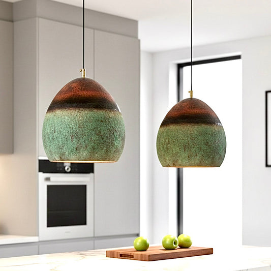 Artisanal copper ceiling lamp with oxidized patina green texture