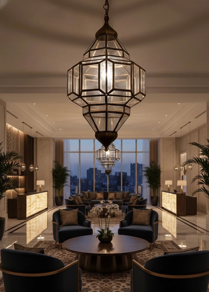 Detailed view of clear glass panels and hand-forged brass frame of a Moroccan lamp.