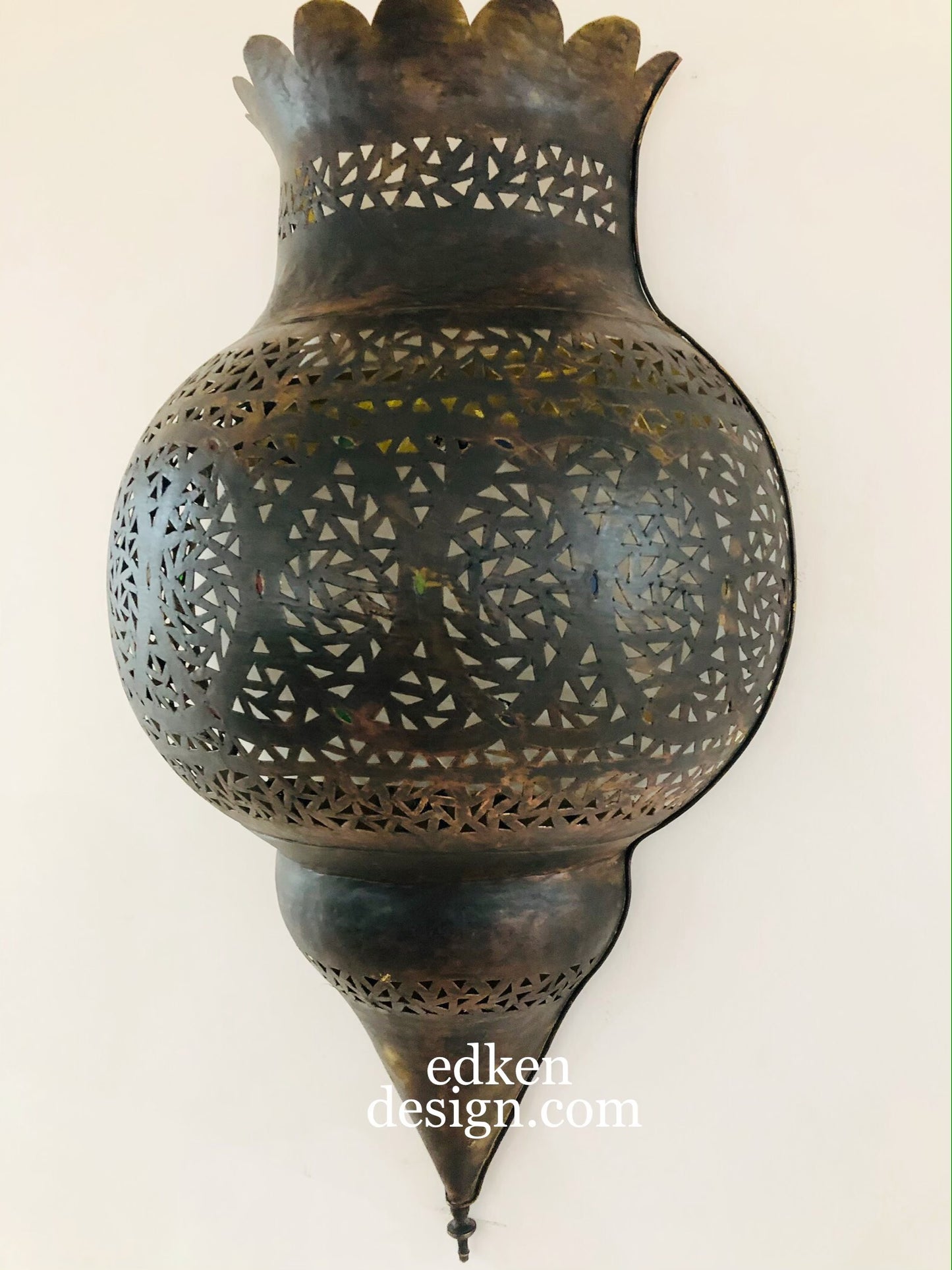 Decorative Moroccan brass lantern, weatherproof lighting for garden and patio.