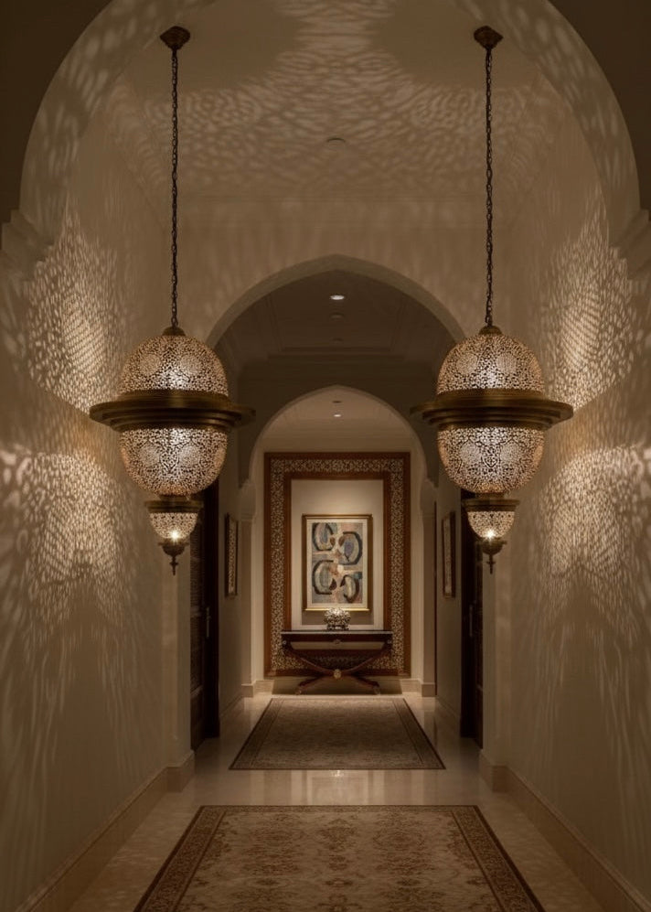 Bottom view of an authentic handcrafted Moroccan brass lamp showing artisan precision.