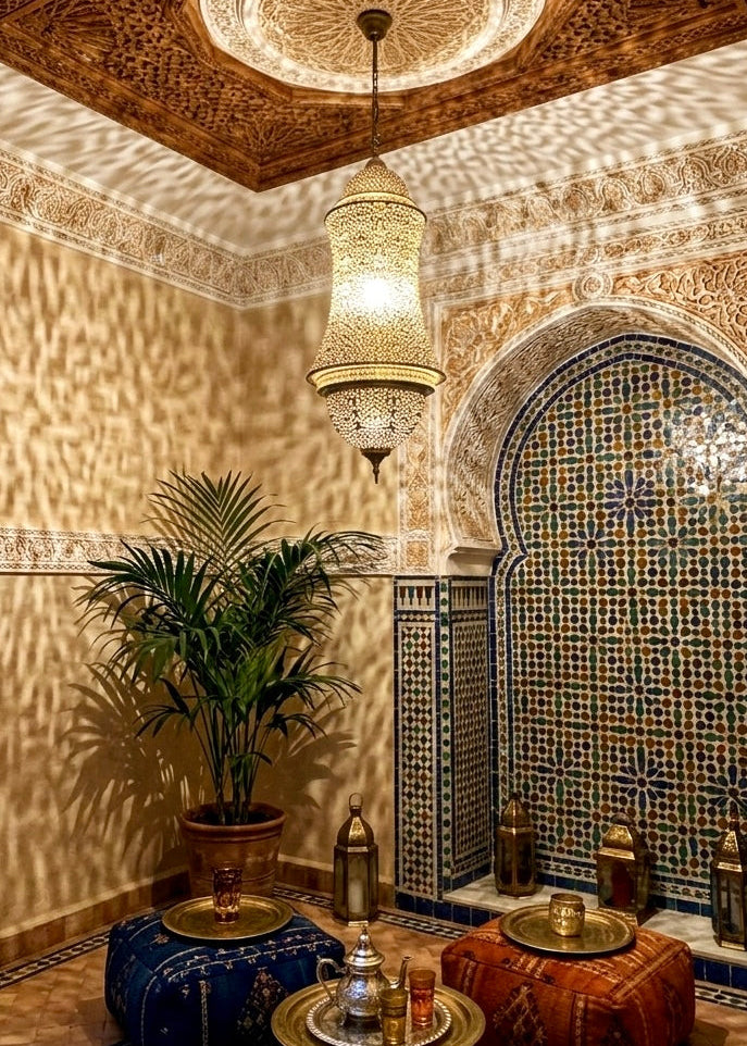 Authentic Moroccan brass lantern in a traditional riad style lounge with mosaic tiles.