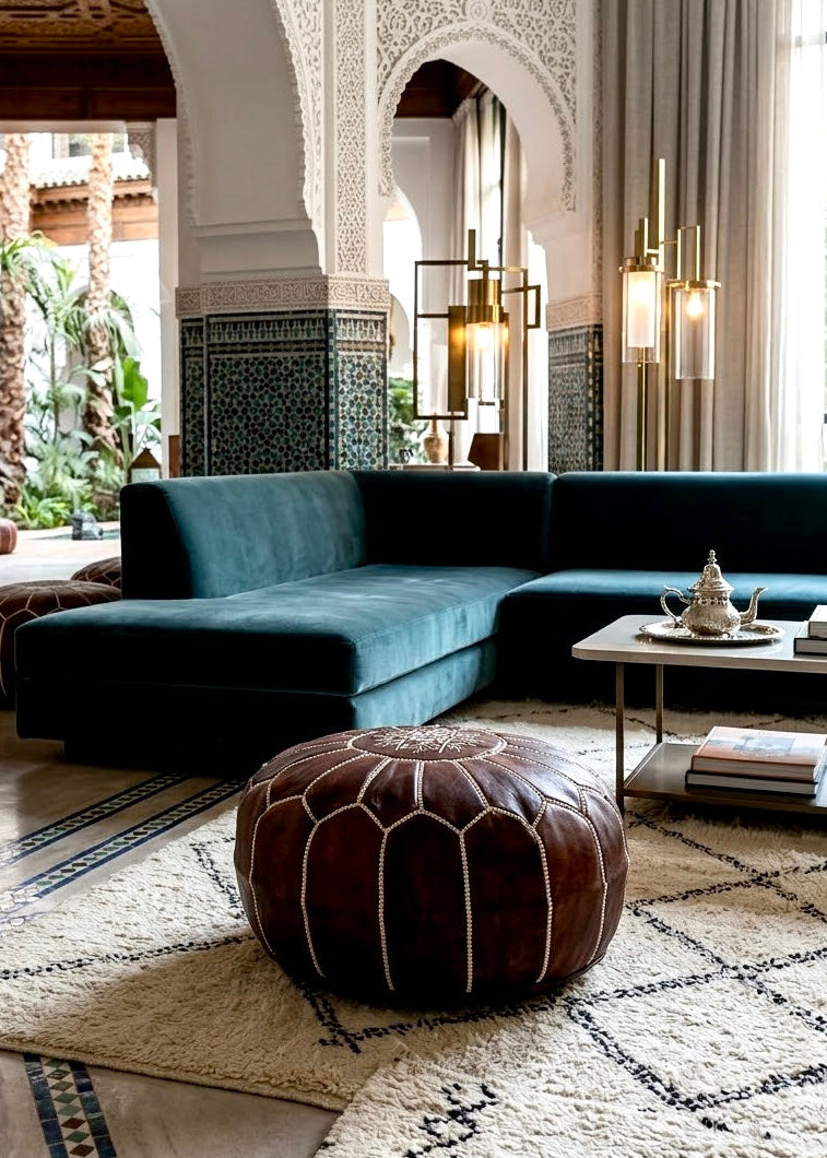 Boho dark brown Moroccan leather ottoman pouf in a luxury traditional living room setup⁠