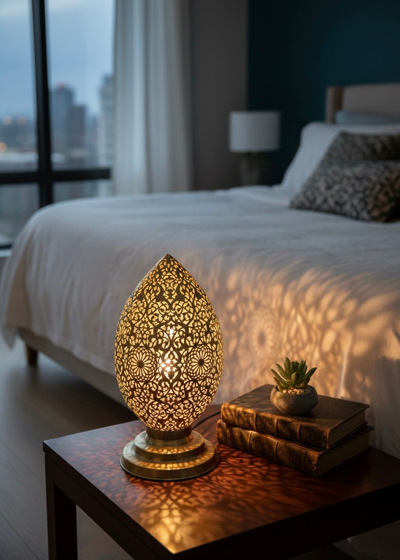 Handmade Moroccan Brass Table Lamp - Egg Shaped Filigree Night Light - Ref.1792