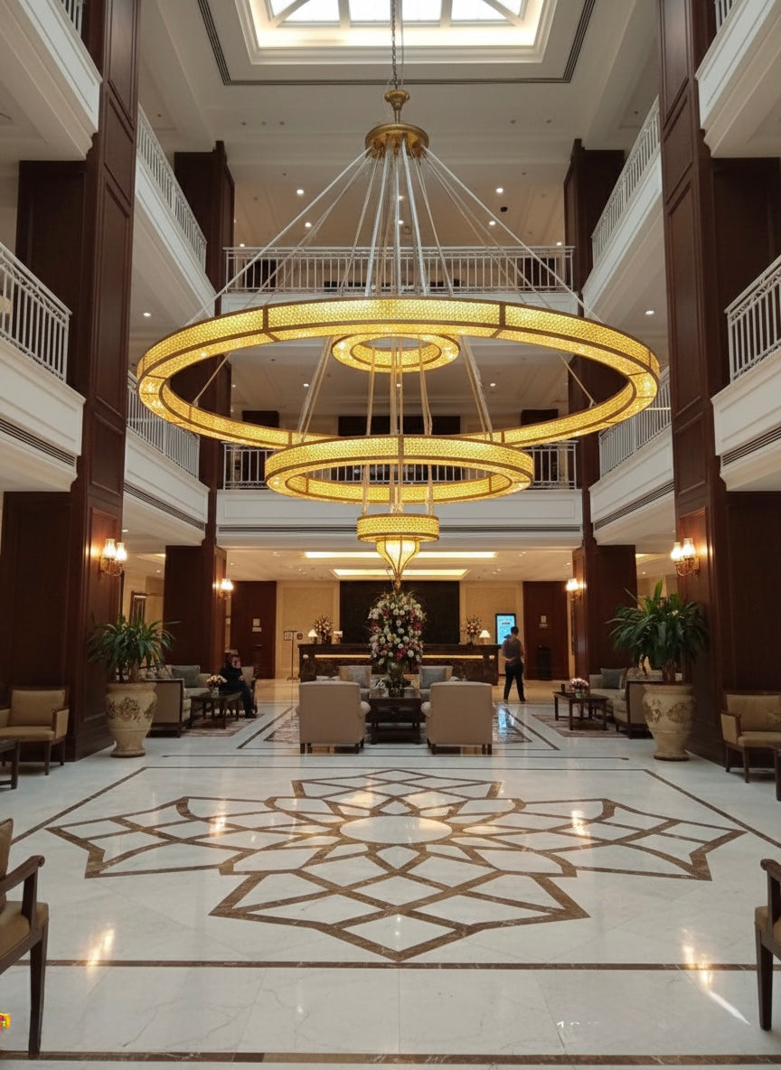 Custom-made Moroccan brass lighting fixture for upscale Middle Eastern resorts and hospitality interiors.