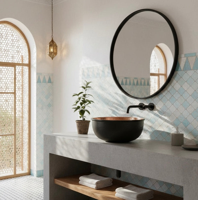 Elegant bathroom interior featuring a copper bowl sink, brass fixtures, and Monstera plant.