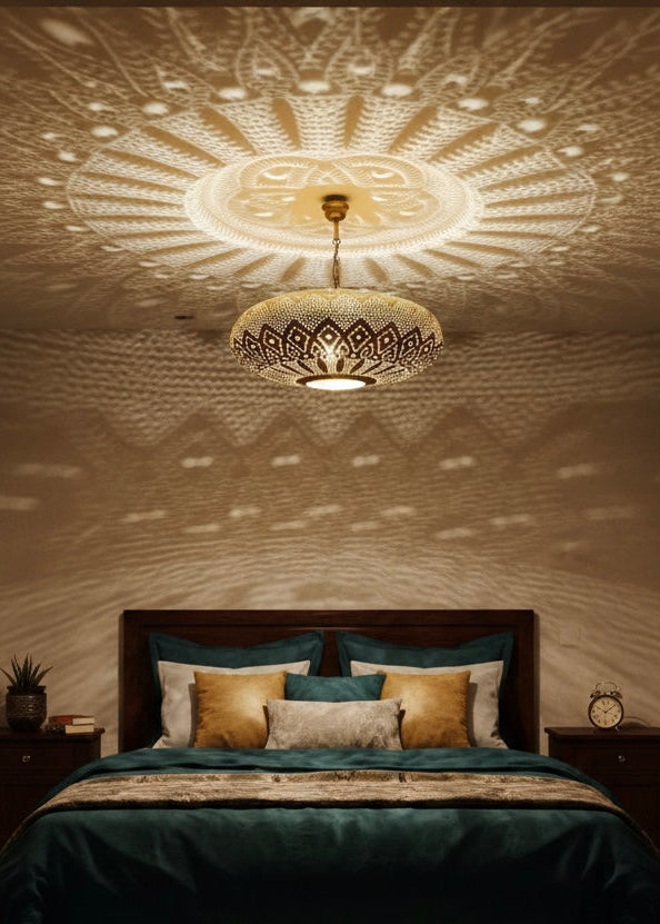 Elegant Moroccan brass dome lamp hanging in a luxury interior with warm ambient lighting.