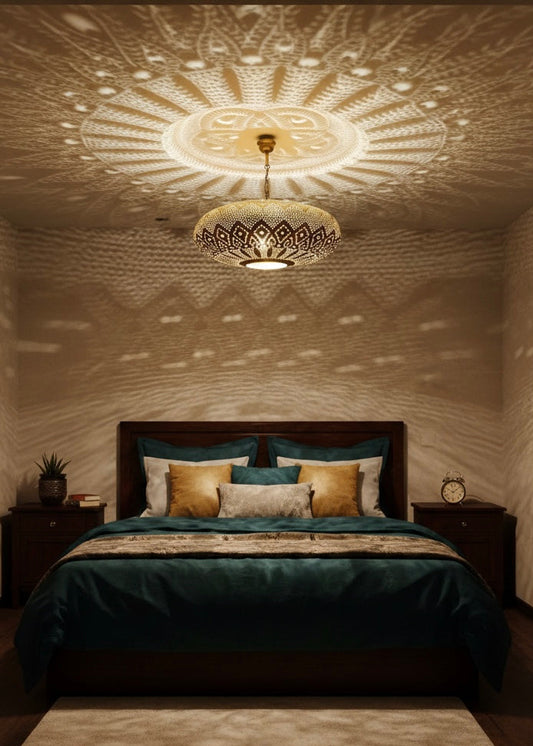 Elegant Moroccan brass dome lamp hanging in a luxury interior with warm ambient lighting.