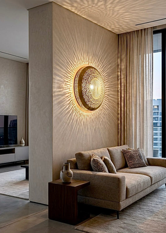 Handcrafted round Moroccan brass wall light emitting warm ray reflections above a sofa in a modern minimalist living