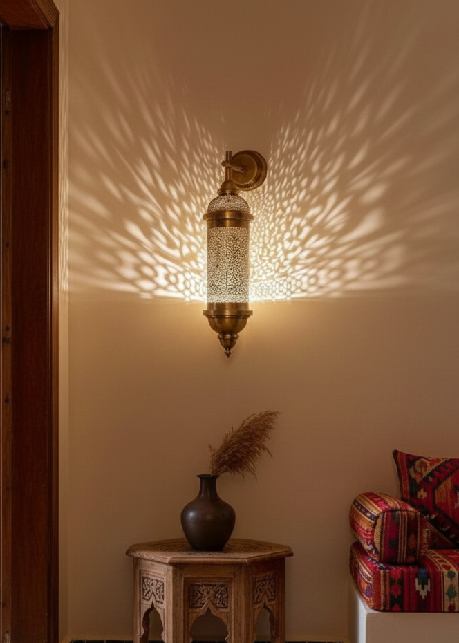 Luxury gold-finish brass wall lantern for interior home decor.