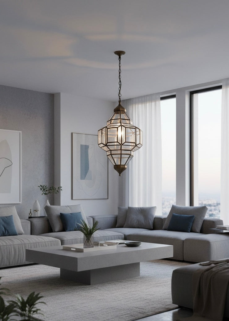 Authentic Moroccan artisanal ceiling light fixture in polished brass and glass.