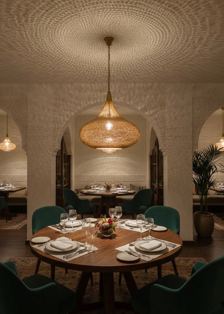 Elegant Moroccan brass lamp hanging over a dining table, creating a boho-chic interior design.