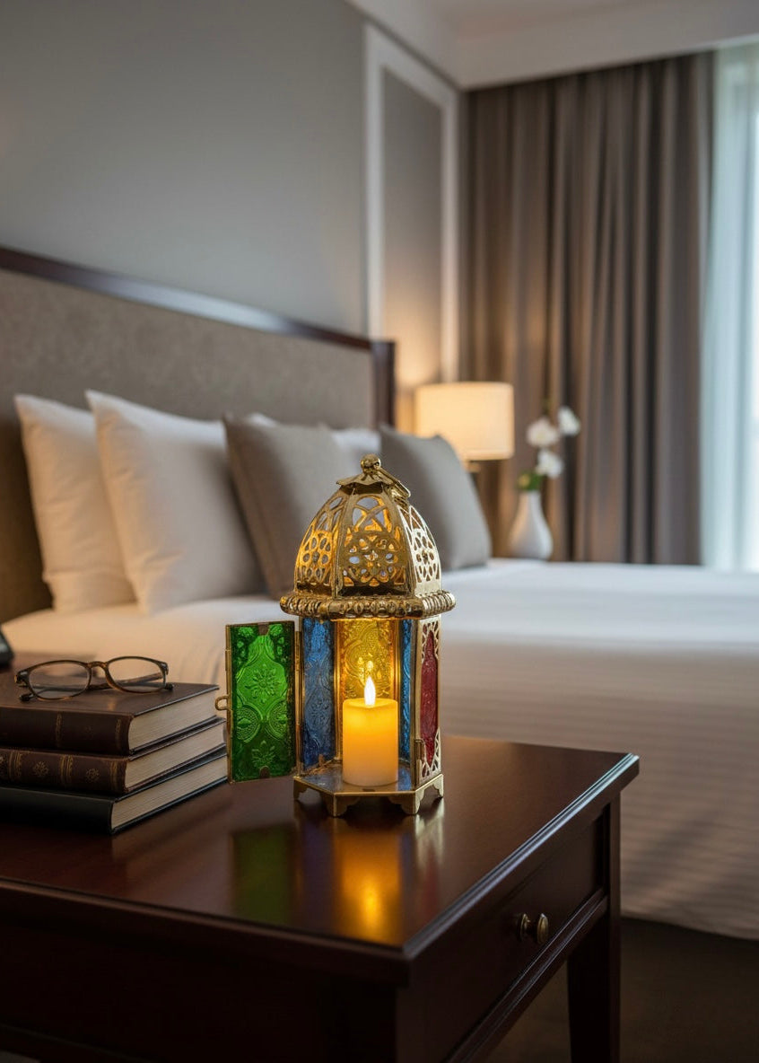 Traditional Moroccan fanoos lantern used as a tabletop centerpiece for boho chic home decor.