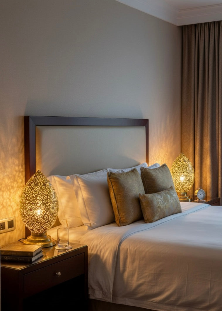 Elegant egg-shaped Moroccan gold lamp for bohemian style home and office decor.