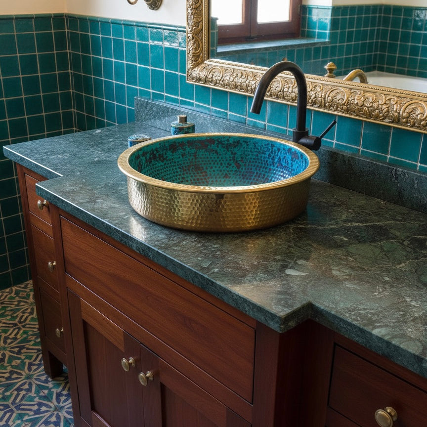 Artisanal Round Brass Vessel Sink: Gold Hammered Finish with Natural Patina - Ref. 1802