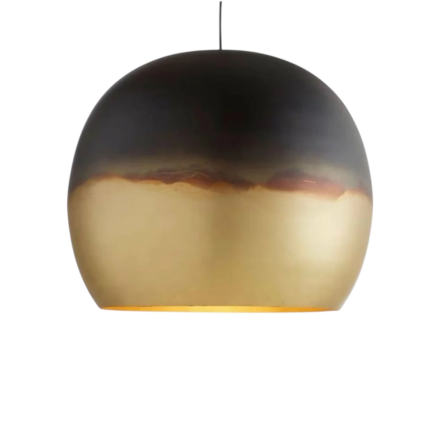 Large brushed brass dome lamp featuring a matte black exterior and a reflective warm brass interior.