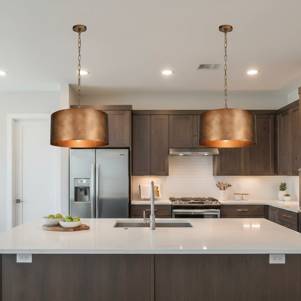 Modern copper dome ceiling lamp for kitchen island and dining room.