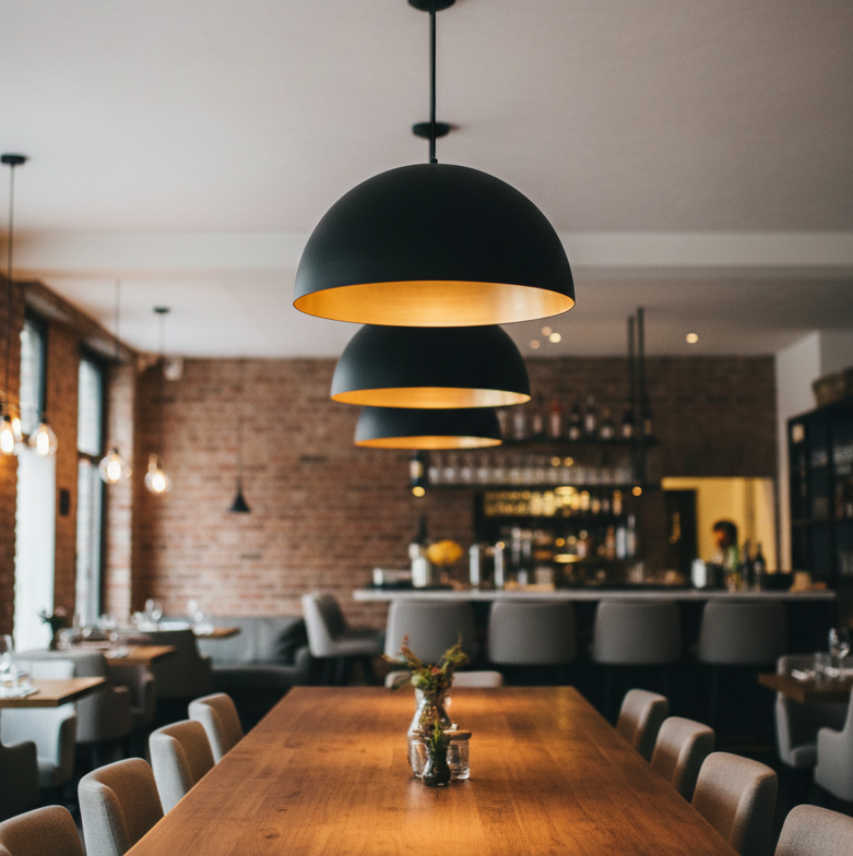 Close up of a brushed metal gold pendant light dome shade