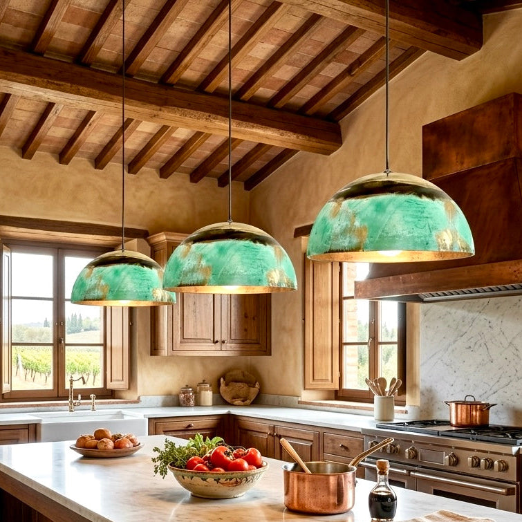 Contemporary green dome pendant lighting in a high-end villa interior with wooden floor.