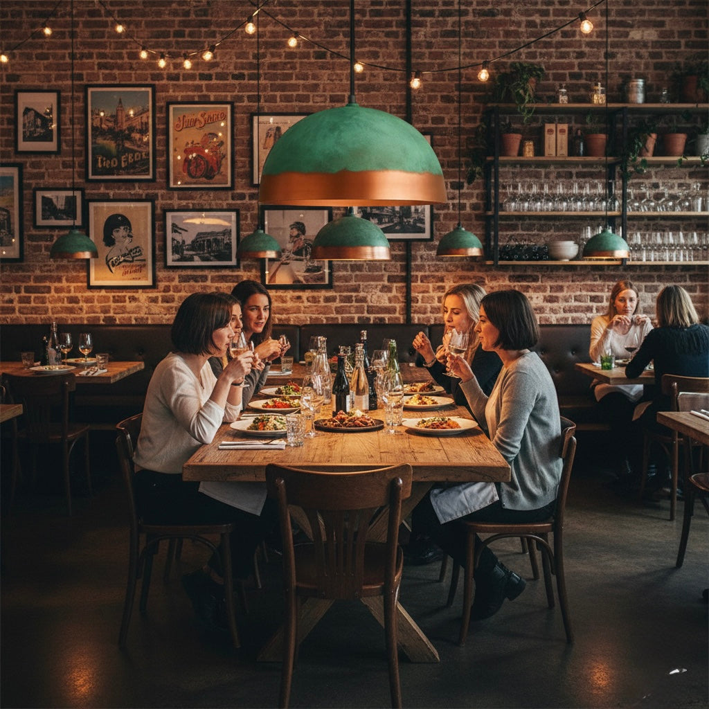 The interior of a copper dome pendant showing the warm reflective glow of the natural copper
