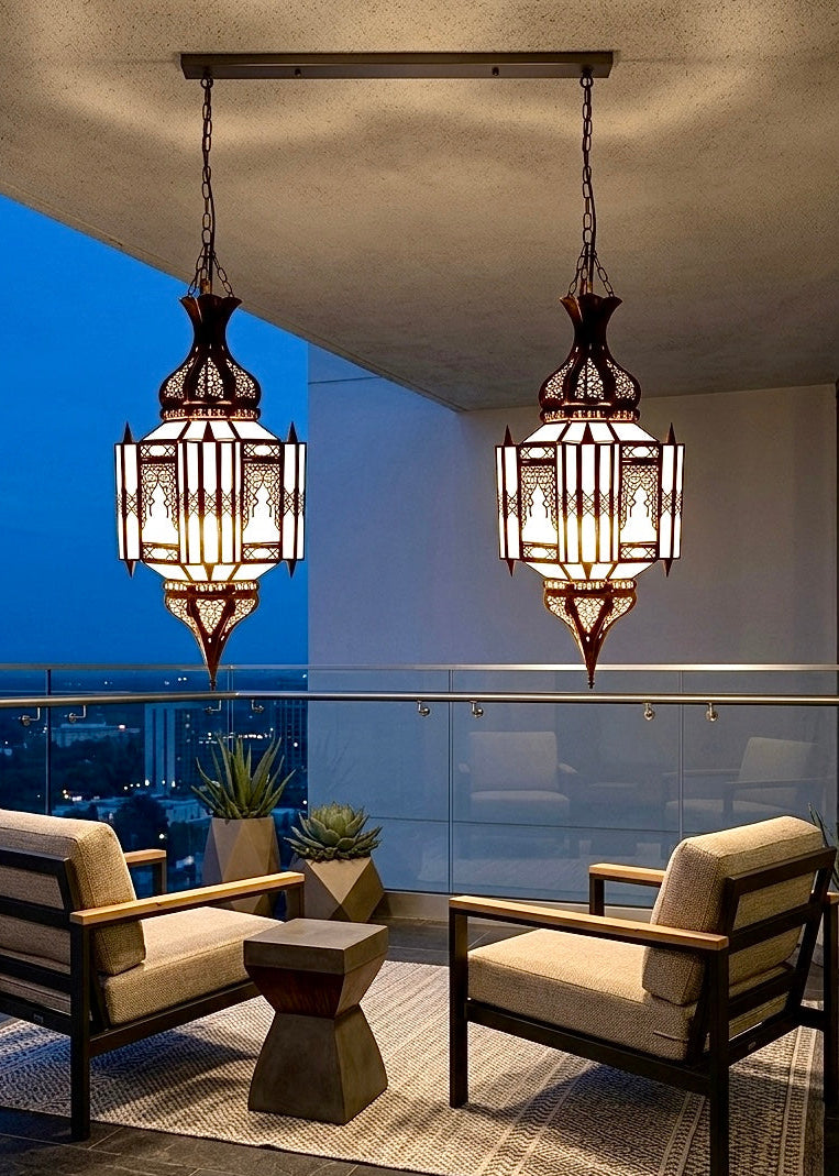Custom handmade glass and brass lantern, sophisticated gold lighting fixture.