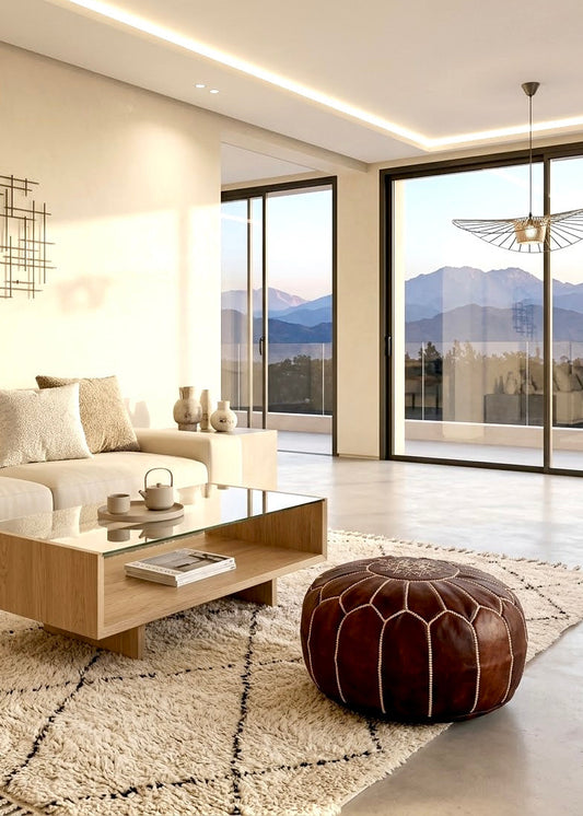 Dark brown Moroccan leather pouf styled in a modern minimalist living room with Berber rug