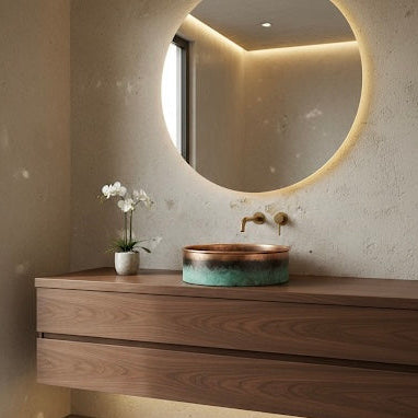 Copper Vessel Sink with Green Patina Finish - Round Bathroom Basin - Ref. 1801