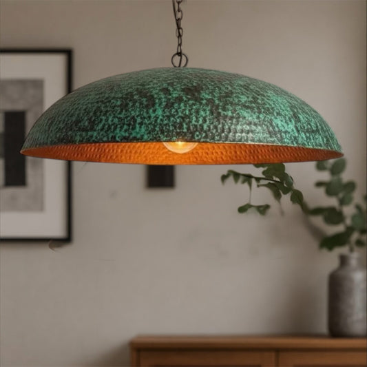 Hand-hammered brass dome with blue-green patina finish