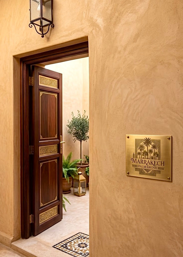 Engraved brass metal door sign mounted near an elegant wooden entrance door for commercial business signage.