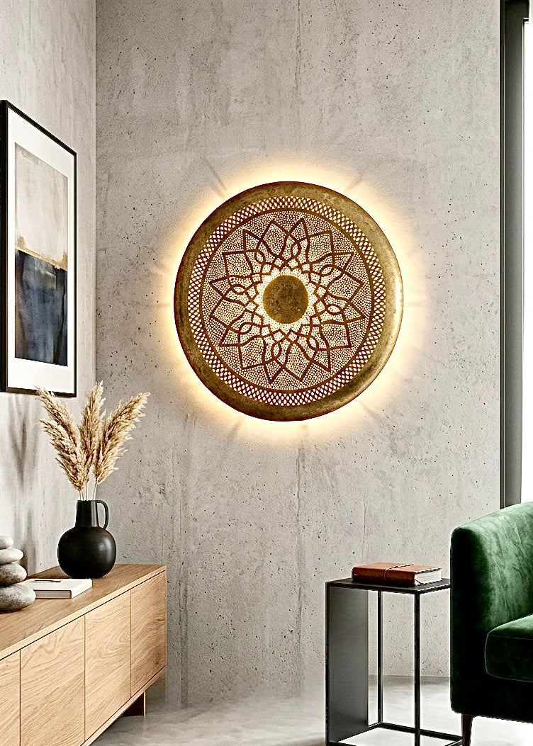 Exotic silver brass wall lantern light with intricate Moroccan craftsmanship.