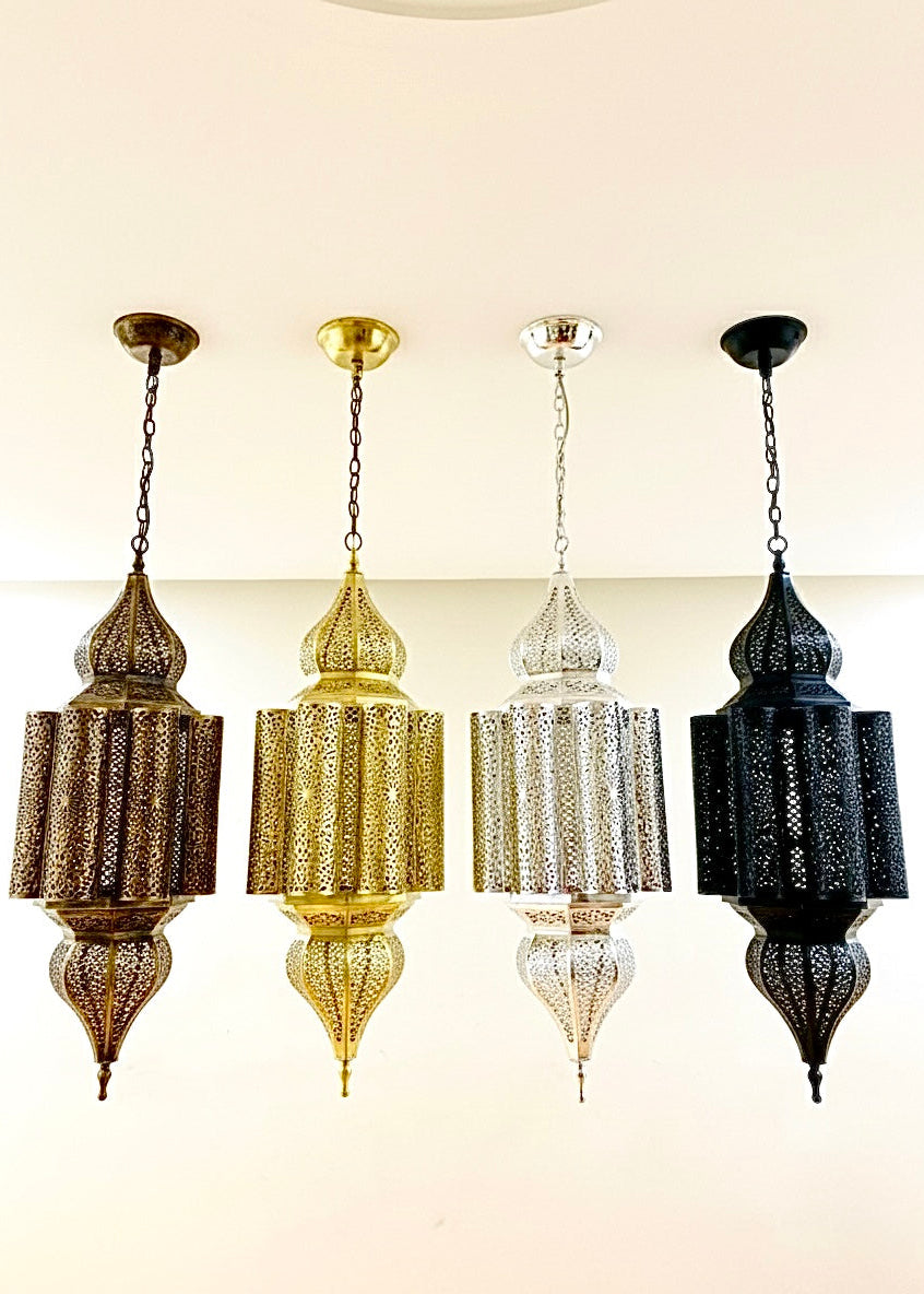 Modern geometric Moroccan pendant light in solid brass with handcrafted intricate patterns.