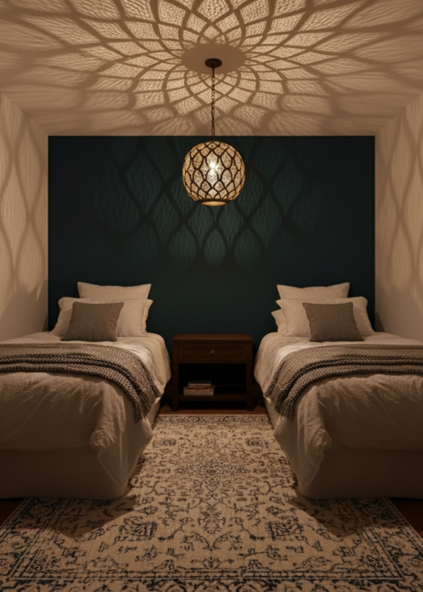 Gold-toned boho style ceiling light hanging from a decorative chain, ideal for living room decor.