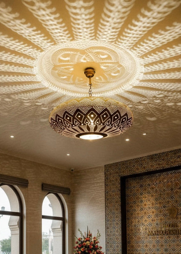 Mesmerizing geometric light patterns projected on walls from a Moroccan perforated brass lantern.