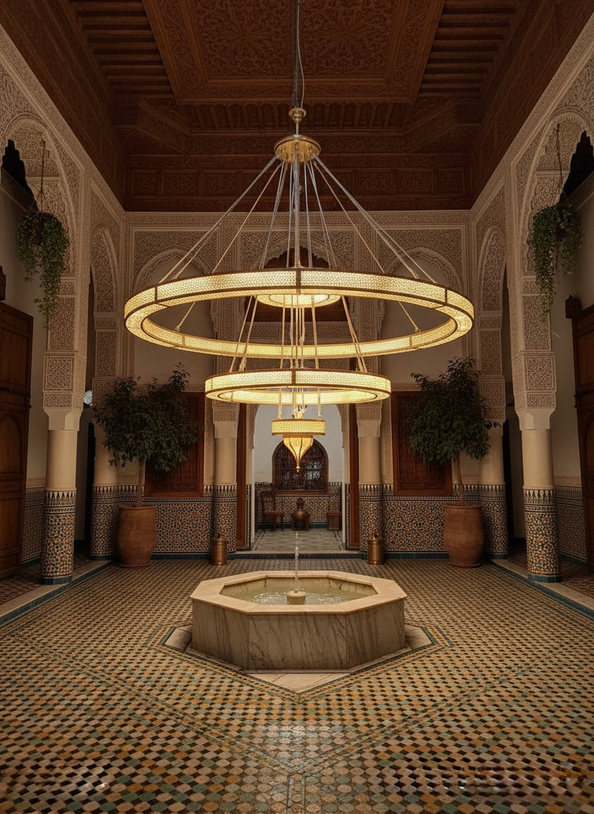 Ornate Arabesque style brass chandelier suitable for royal palaces and grand residential ceilings.