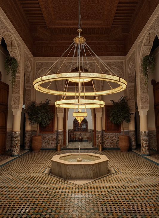 Ornate Arabesque style brass chandelier suitable for royal palaces and grand residential ceilings.