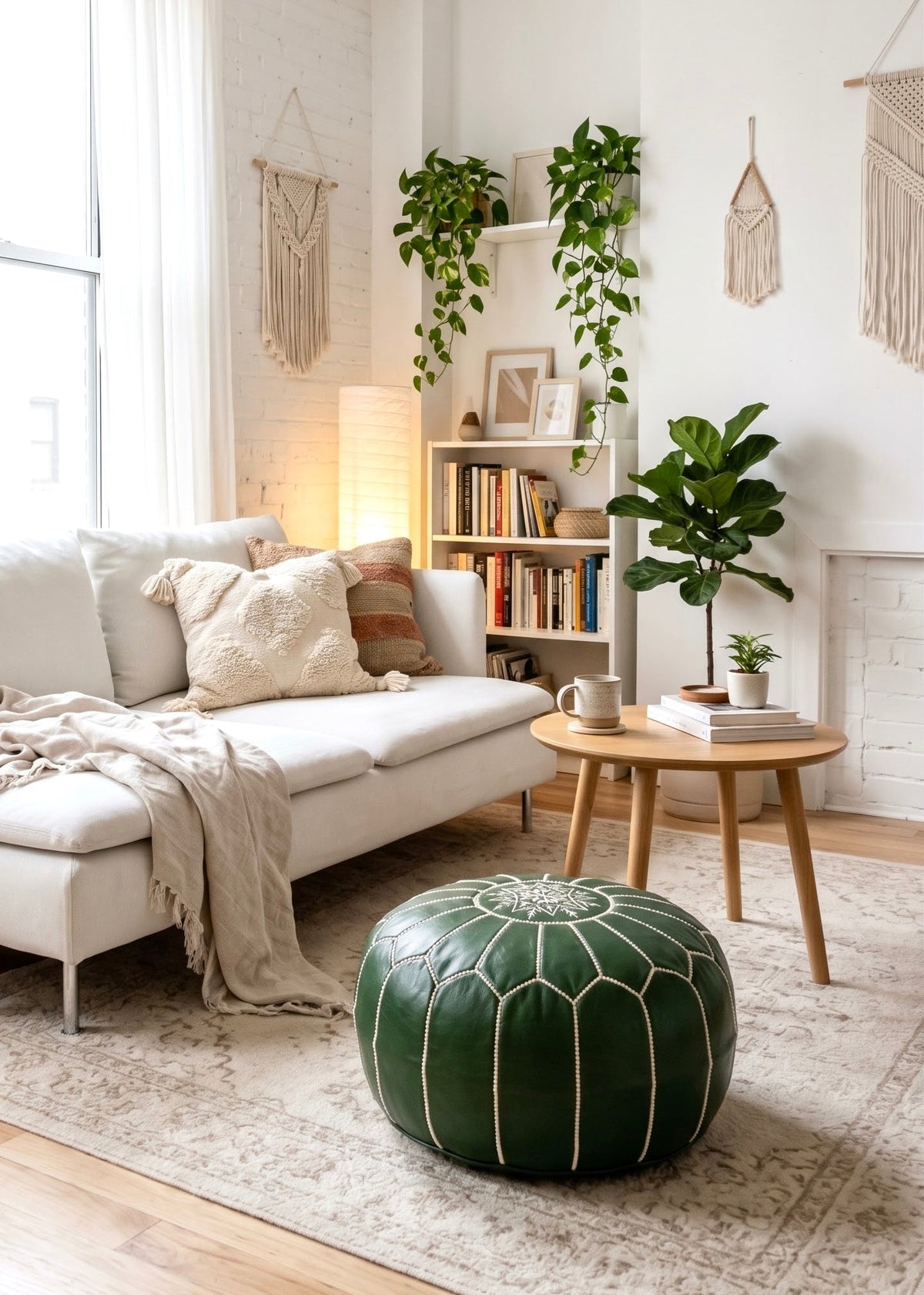 Handmade olive green leather pouffe used as a floor footrest in a modern minimalist living room with a beige sofa and wooden coffee table.