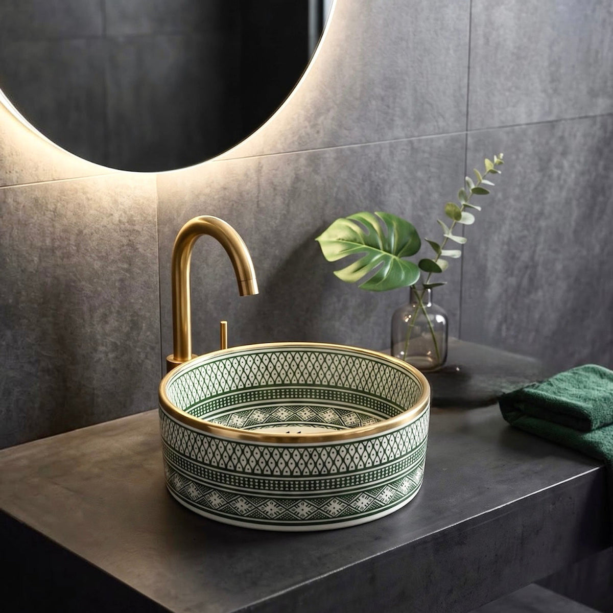 Green geometric patterned Moroccan ceramic vessel sink with brass rim and matching brass faucet on dark stone vanity.