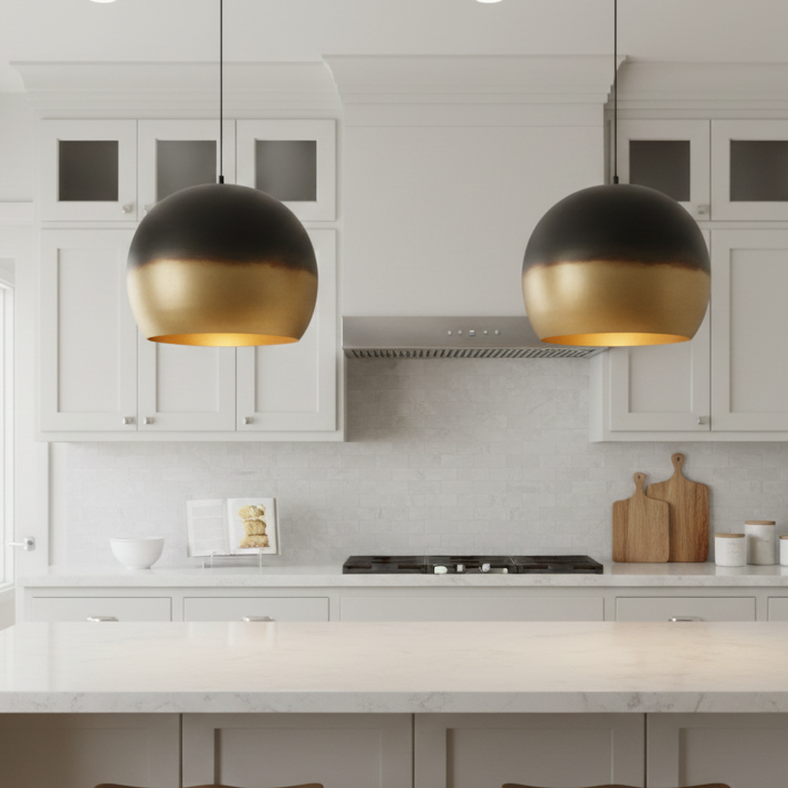 Half-sphere brass metal pendant lamp providing focused task lighting and sophisticated style.