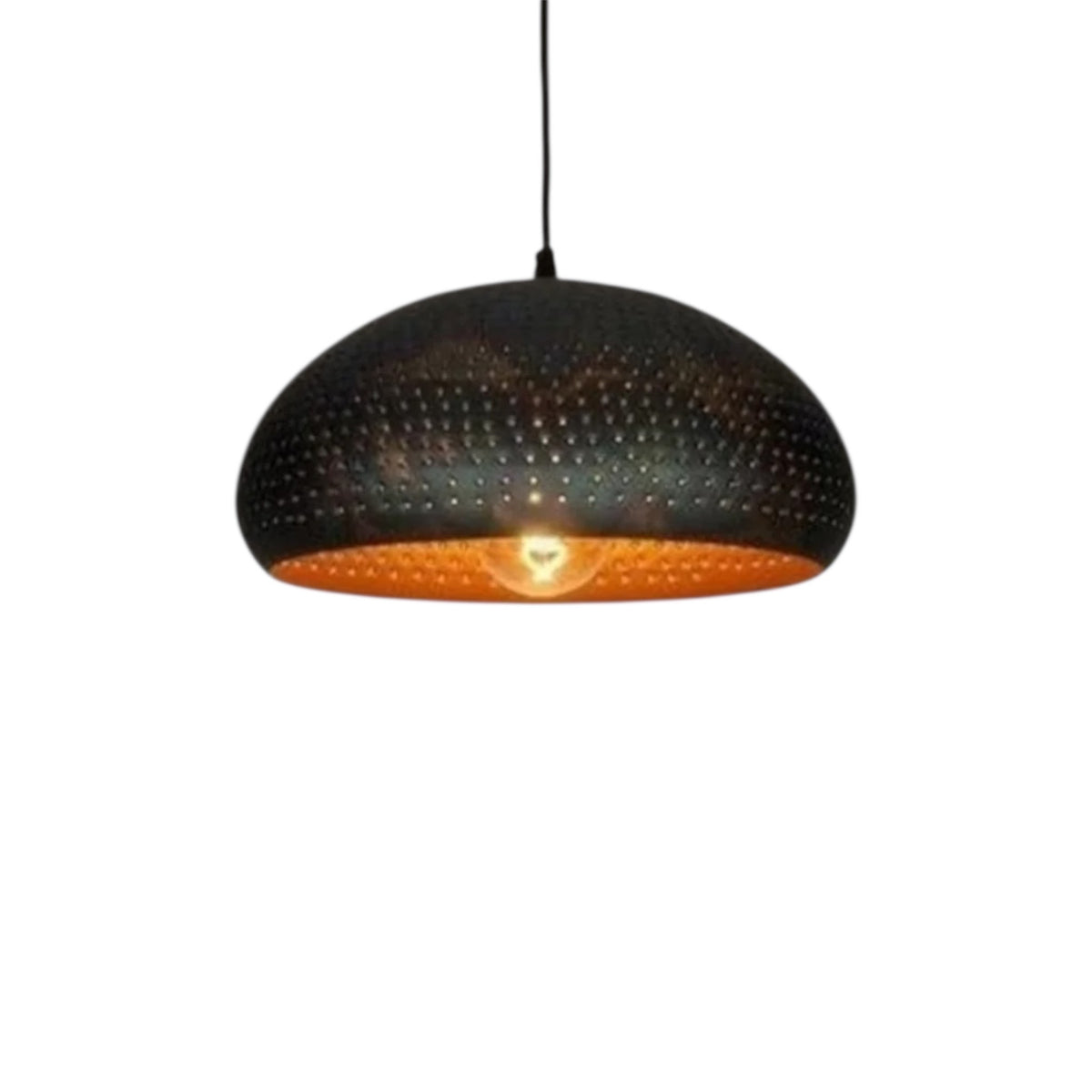 Handcrafted dome pendant lamp made of black iron metal with a textured perforated shade and metallic gold interior surface.