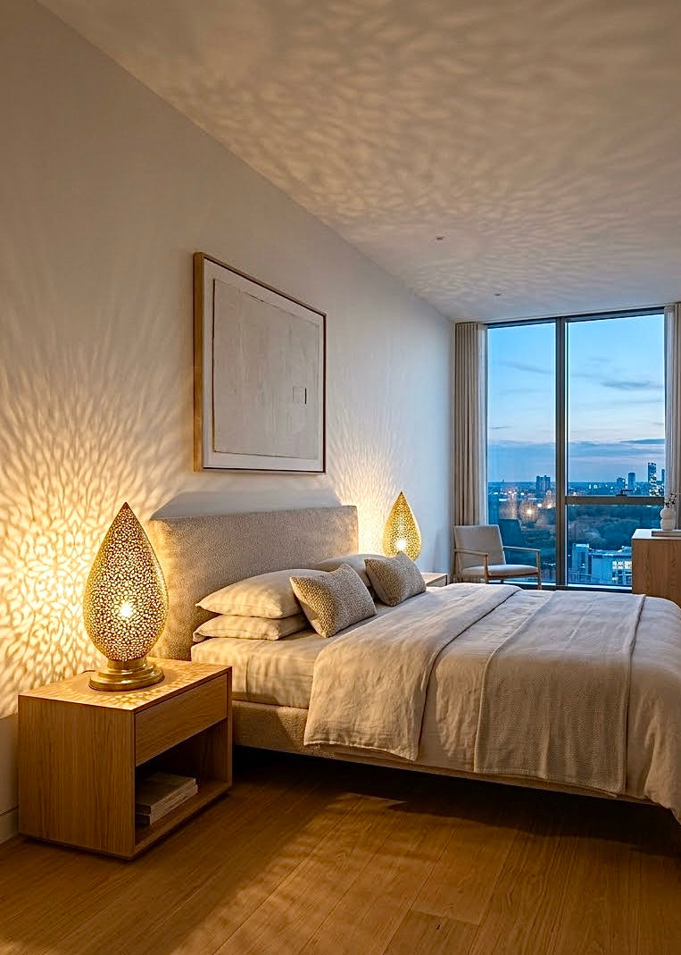 Pair of handcrafted brass Moroccan bedside lamps illuminating a modern bedroom with decorative shadow patterns, perfect Christmas home decor gift idea