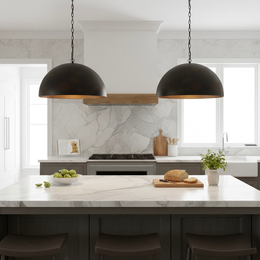 Industrial style antique brass dome light for modern interior design and home office.