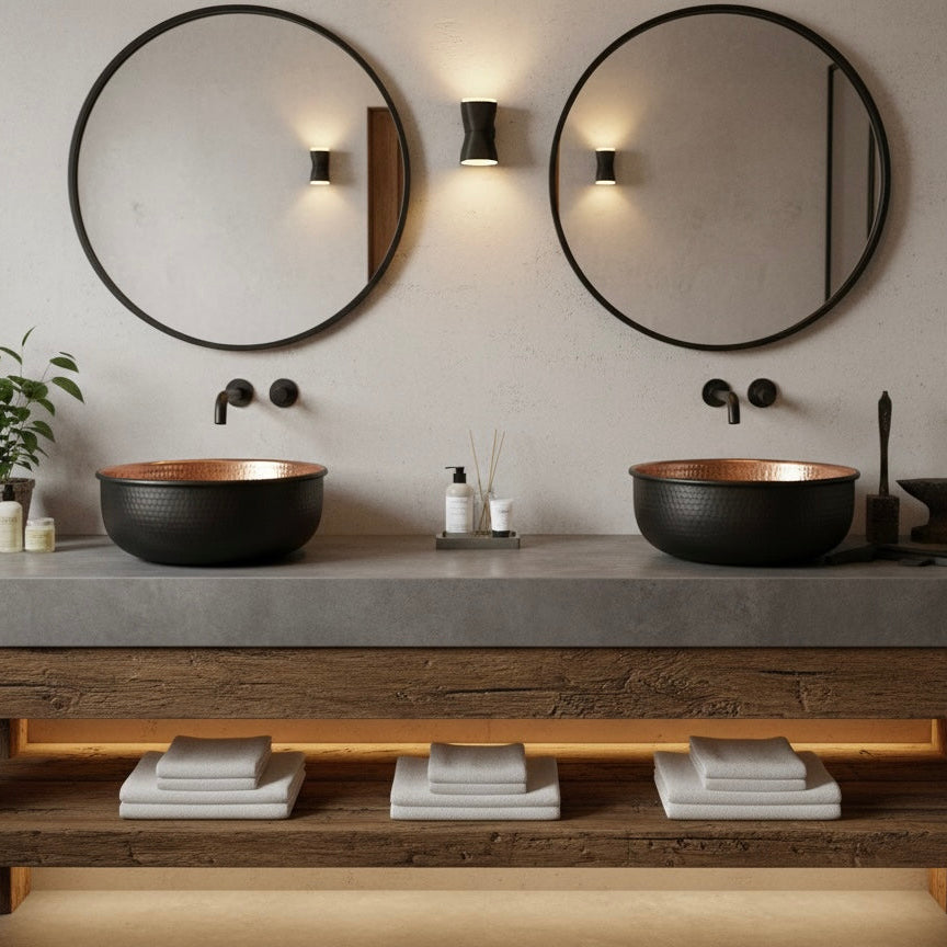 Handcrafted Moroccan Copper Sink - Hammered Red Copper & Matte Black Vessel - Ref. 1803