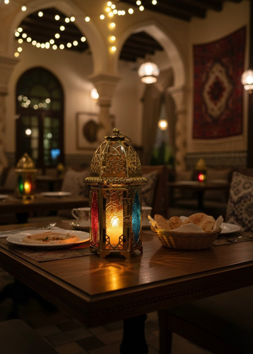 Traditional Moroccan brass lantern with vibrant multicolored stained glass for candlelight