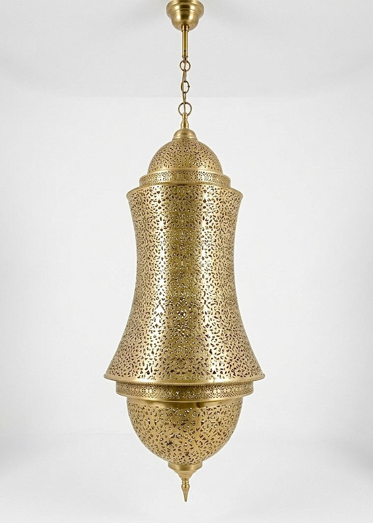 Handcrafted Moroccan brass pendant lantern with intricate perforated floral patterns.