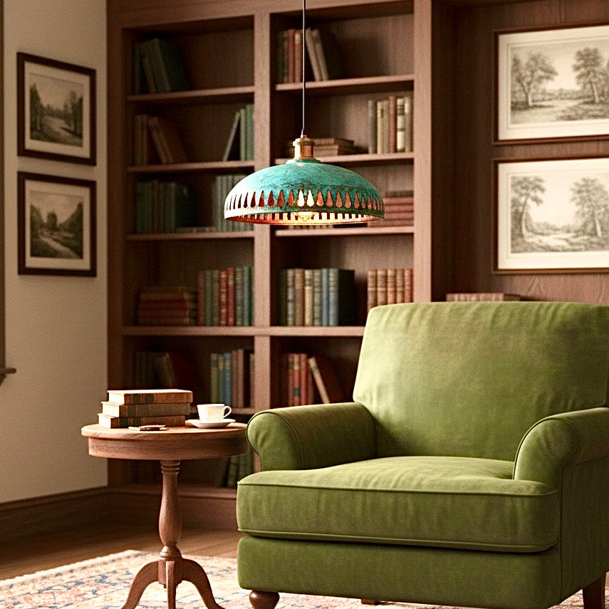 Handcrafted Moroccan green patina copper lamp hanging in a cozy home library setting.