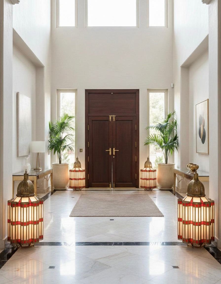 Modern Moroccan riad interior featuring luxury glass floor lamps and hanging pendant lanterns in a minimalist white setting.
