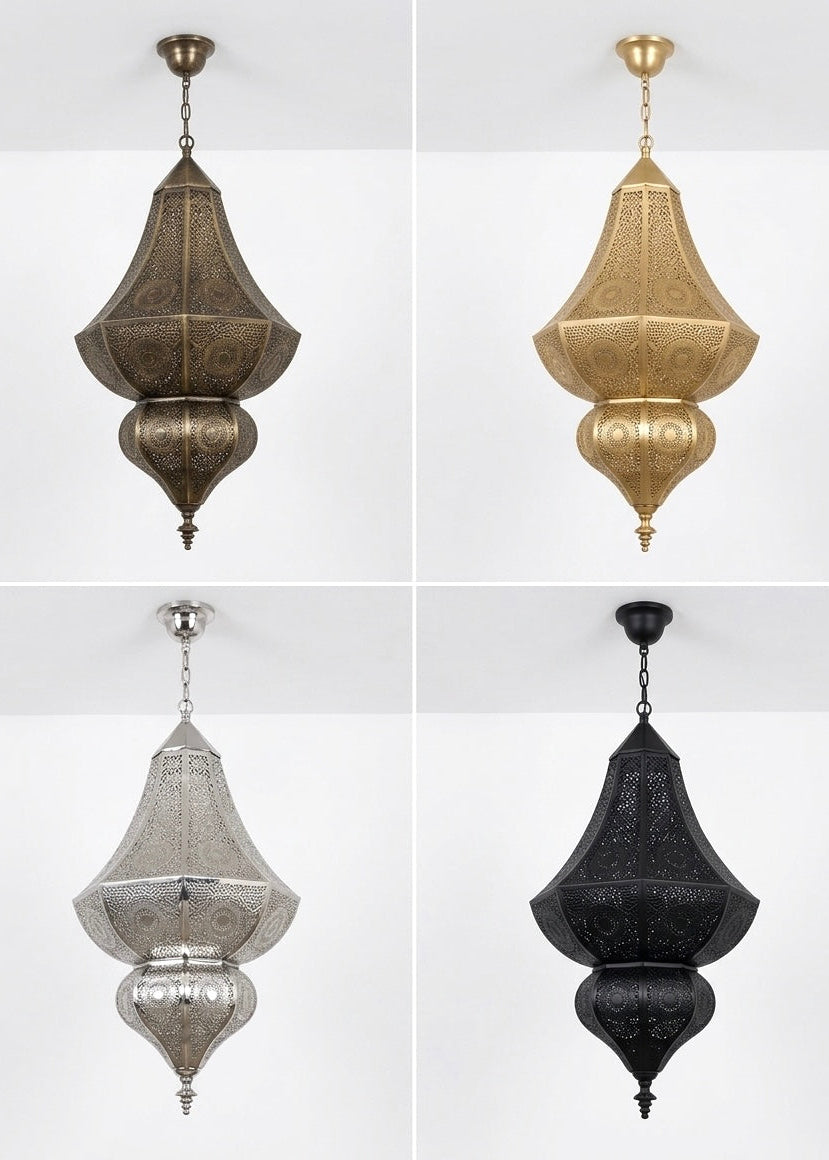 Moroccan handmade ceiling lamps in four finishes: Antique Brass, Gold, Silver (Nickel), and Matte Black.