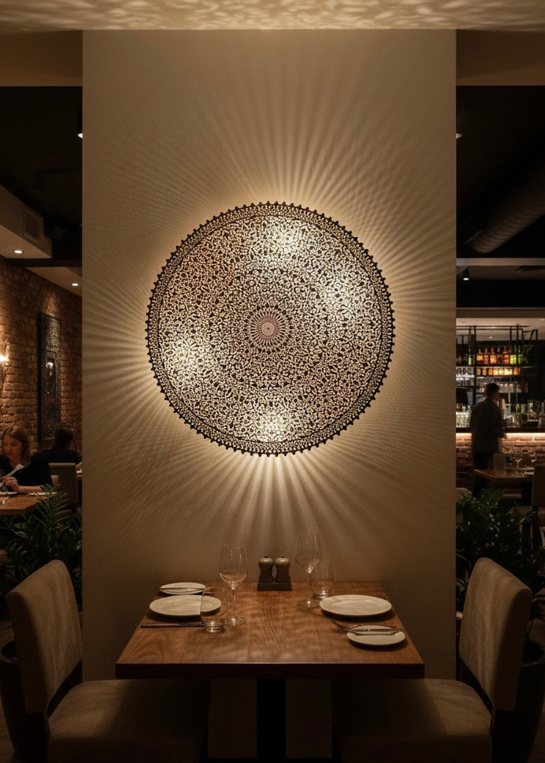 Close-up shot showing the detailed geometric Handmade patterns on a brass light fixture.