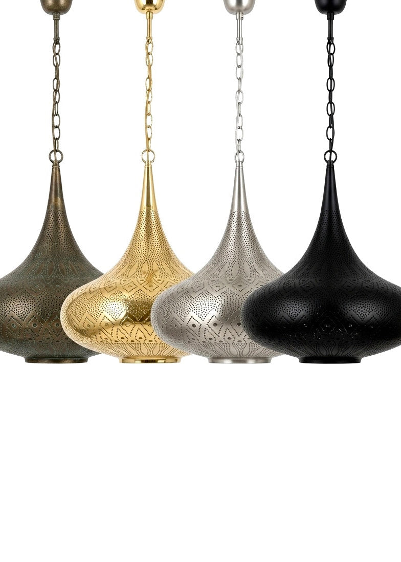 Four handmade brass pendant lights in antique bronze, polished gold, silver nickel, and matte black finishes.